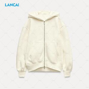 Sudadera con capucha y cremallera completa en blanco de rizo de algodón para mujer de alta calidad personalizada y pantalones de chándal holgados a juego Beige conjunto de 2 piezas para mujer - Product Image 4