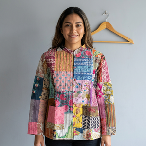 <b>Quilted</b> Patchwork Jacket Women's Mandarin Collar Full Sleeve Cotton Autumn Style Regular Length <b>Single</b> Button Patch Pocket gift - Product Image 1