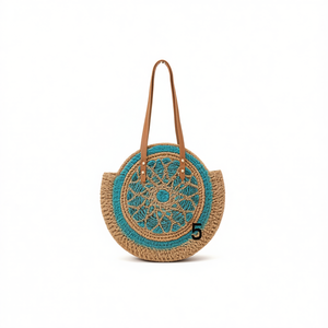 Sac de plage rond en paille Angelina 45x45cm, tissé à la main, style bohème - Product Image 1