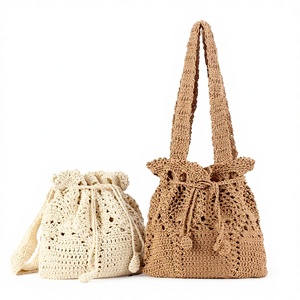 New Handmade Cotton Fabric Woven Bag Polyester Drawstring Closure Hollow Decoration for Women's Seaside Vacation Tanjing - Product Image 1