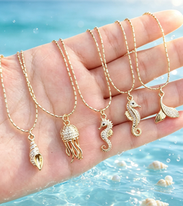 Joyería de animales marinos: Concha, medusa, caballito de mar, cola de sirena. Collar con colgante de circonita, exquisito y encantador para mujer, ideal para el verano. - Product Image 1