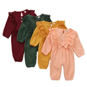 Fuyu Boutique trẻ sơ sinh trẻ em Đồng bằng ren ruffles Romper trẻ mới biết đi trẻ em mùa thu oneie bé dài tay áo bodysuit