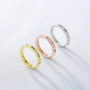 Bán Sỉ Nhẫn Chữ Số La Mã Bằng Thép Không Gỉ Đá Zircon Kim Cương Trang Sức Cặp Đôi Chống Nước