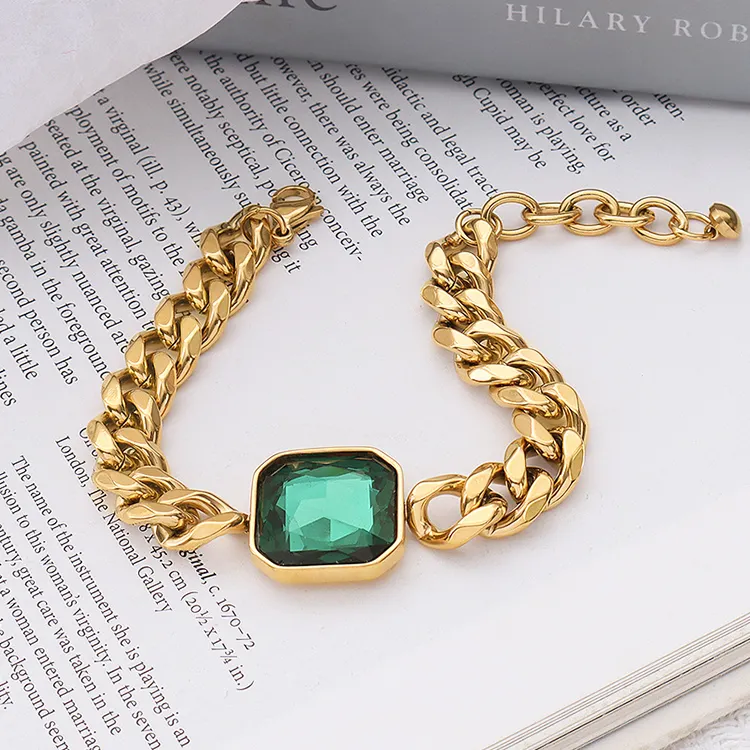 Wholesale Personality Titanium Steel 18K Gold Green Jade Faceted Stone Mens Chunky Chain Bracelet