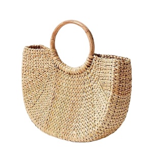Jacinto de agua ecológico Natural elegante, bolso de playa para mujer, bolso de paja de medio círculo, dos asas, cierre abierto, lazo, Color básico - Product Image 1