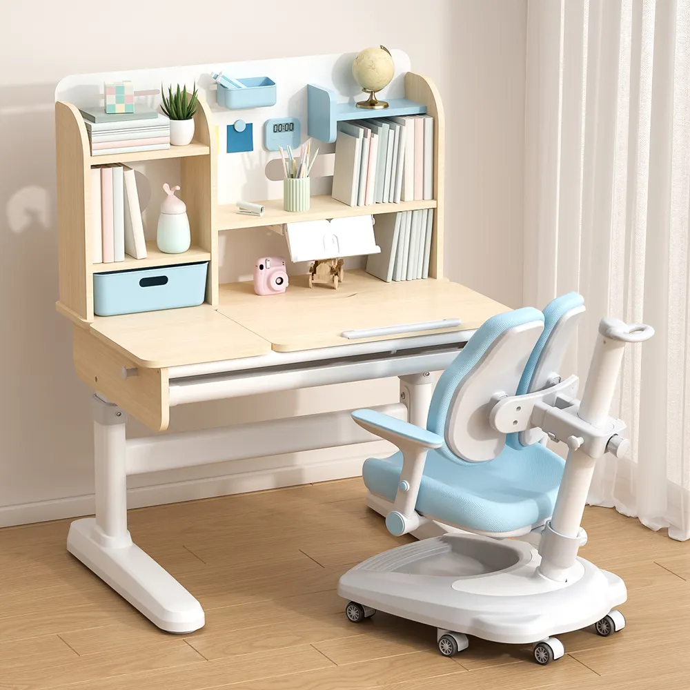 Vente en gros de meubles de bureau d'apprentissage ergonomiques pour enfants, table et chaises pour enfants, réglables en hauteur, pour étude, avec étagère, pour la maison