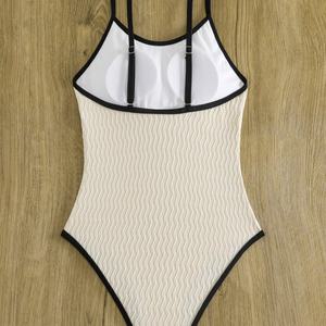 Maillot de bain une pièce micro pour femme avec logo personnalisé, col rond, bretelles spaghetti ajustables, colorblock, grande taille, style bikini - Product Image 2