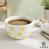 Tasse à bord ondulé avec anse fleur marguerite, en céramique, compatible lave-vaisselle et micro-ondes, vente en gros, pour café, maison, bureau, cuisine, café, bar, cadeau, décoration