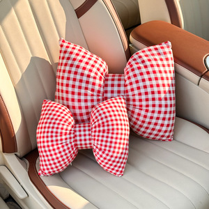 Car Headrest And Lumbar Support Pillow <b>Red</b> Checkered <b>Bow</b> Design Polyester Medium Firmness For All Seasons Interior Decor - Product Image 4