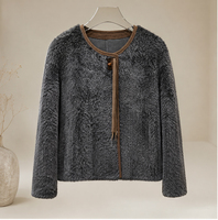 Vintage Damen Woll-Leder Kurzmantel Heather Anthrazit Rundhals Kordelzug Schafsfell Winter Freizeitjacke