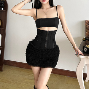 Summer Women's Casual Spaghetti Strap Solid Color Waist-cinching Lace-up Halter Neck Fringe-trimmed Dresses Fashion - Product Image 5