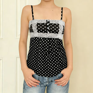 Polka Dot Lace <b>Patchwork</b> A-Line Cami <b>Top</b> Sweet Cute Pure Desire Style Summer Vacation Crop <b>Top</b> - Product Image 3
