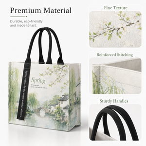 Umweltfreundliche Wiederverwendbare Baumwoll-Canvas-Handtasche mit Weeping-Willow- und Traditioneller-Brücken-Motiv für den Täglichen Gebrauch von Frauen - Product Image 2