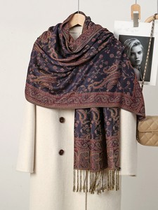 Women Ladies Color Blocking Vintage Floral Flowers Pattern Ethnic Jacquard <strong>Paisley</strong> <strong>Pashmina</strong> <strong>Scarf</strong> Shawl Poncho with Tassels - Product Image 3