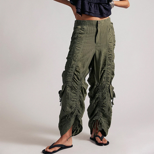 Custom ODM/OEM Women's <strong>Shirred</strong> Mid-Rise Ruched Drawstring Cargo Pants Adjustable Ruched Leg Multi-Pocket Casual <strong>Trousers</strong> - Product Image 1