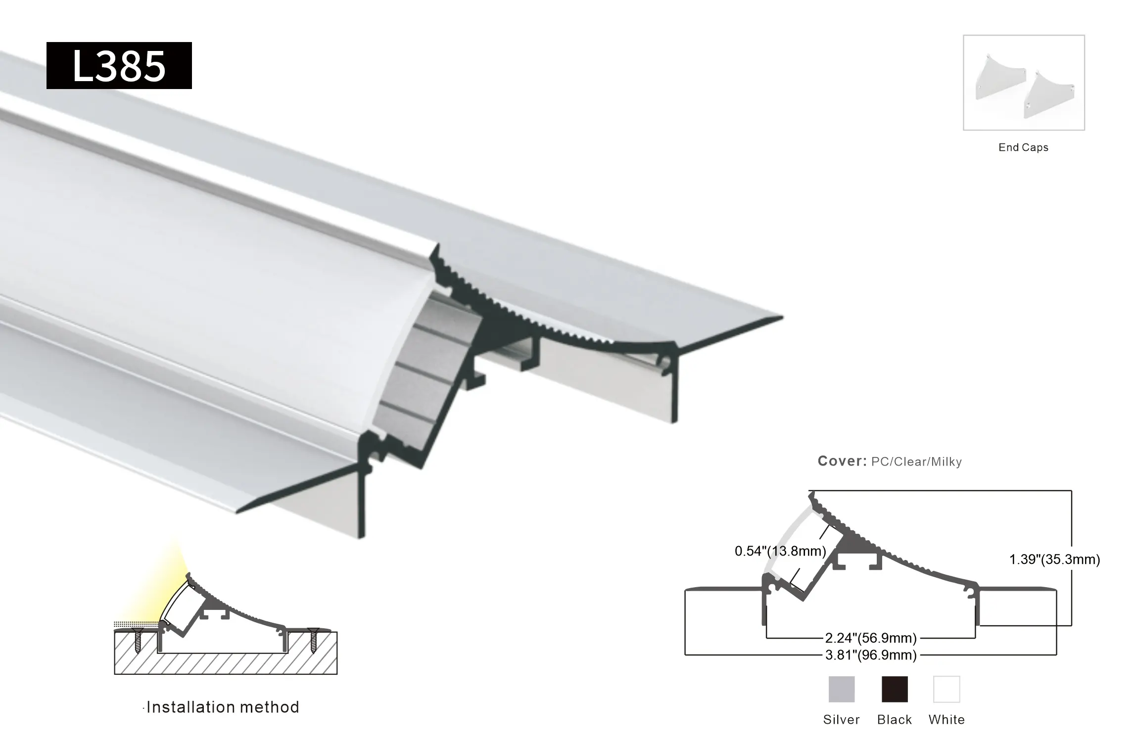 Tiras de barra de luz de techo, 96,9x35,3 MM, canal de extrusión de PC, cubierta PMMA, yeso en yeso, perfil de aluminio