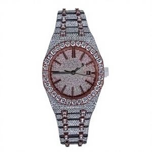 Ensemble de montres de luxe pour hommes avec diamants, cadran en verre, boîtier en acier inoxydable, bracelet à fermoir, résistant à l'eau 10 bars, bijoux hip-hop - Product Image 1