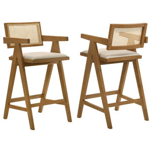 Modern Coffee Cafe Shop Armrest High Counter Kitchen Restaurant Wood Rattan Dining Bar Chair((Set of 2)) - Product Image 2