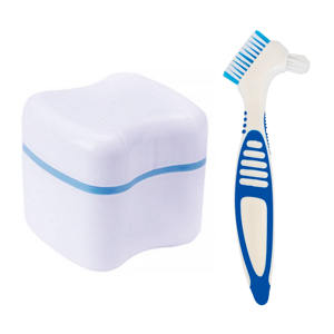 กล่องใส่ฟันปลอมพร้อมตะกร้ากรองและแปรงทำความสะอาดสองหัว ชุดกล่องเก็บรีเทนเนอร์ ฟันปลอม แบบพกพา - Product Image 2