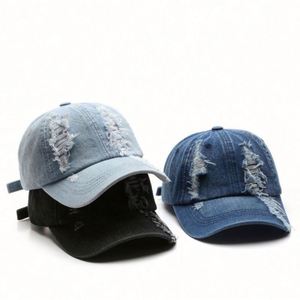 Casquette de baseball en jean délavé vintage de haute qualité, style sportif, déchirée, unisexe - Product Image 1