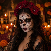 Serre-tête voile en filet pour le Jour des Morts mexicain avec crâne gothique et couronne de roses artificielles
