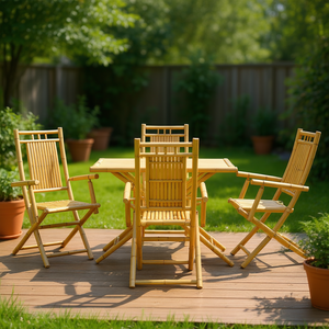 Set da Pranzo Pieghevole da Giardino in Bambù Naturale per 4 Persone, Arredamento da Esterno in Stile Rustico - Product Image 2