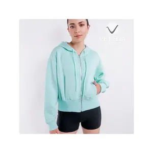 Sweat-shirt à capuche court vert pour femme Vetega avec poches, épaules tombantes, manches longues, en polaire, décontracté, pour l'automne, en polyester tricoté - Product Image 3