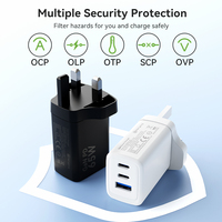 UK Plug UKCA pengisi daya dengan Port ganda 65W, adaptor daya USB C pengisi daya cepat untuk Laptop Tablet Android