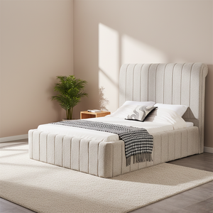 Cama de Plataforma Doble de Lujo en Color Beige Grisáceo con Tapizado de Tela Bouclé, Tamaño Queen y King - Product Image 1