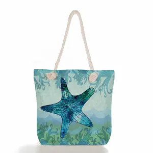 Rope handle wholesale custom sea animal marine organism printed women's portable shopping tote beach bag with zipper closure
