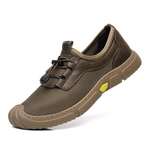 Hollowed-out Breathable Mesh <b>Sneakers</b> Men Khaki Black Slip-on Leisure Comfortable Non-slip <b>Leather</b> Shoes - Product Image 5