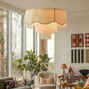 Suspension minimaliste 50cm 60cm 80cm, design rond en tissu à pompons, style vintage français chaleureux pour salon, chambre et bureau - Product Image 3