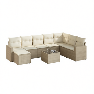 Ensemble de canapés de jardin en rotin beige avec structure en acier et verre trempé, mobilier d'extérieur au design contemporain pour 6 personnes - Product Image 1