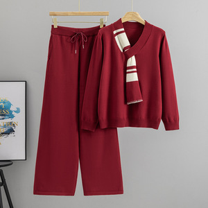 Ensemble de pull à col en V pour femmes, haut à manches longues en tricot avec pantalon large, tenue deux pièces tendance automne-hiver - Product Image 3