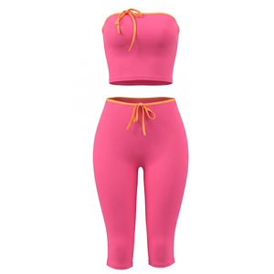 Viviblook Q26ST074 Women Summer Color Blocking <b>Set</b> Sleeveless <b>Sexy</b> Strapless Crop Top Tight Cropped Pants Two Piece <b>Set</b> - Product Image 6