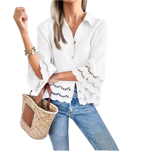 Camisas de Primavera y Verano para Mujer, Estilo Europeo y Americano, Holgadas, Casuales, Tejidas, con Encaje Grande, Mangas Regulares - Product Image 1