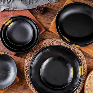 थोक कस्टम प्लास्टिक melamine व्यंजन बर्तन सेट गोल्डन डिजाइन tableware काले डिनर रेस्तरां सुशी चार्जर प्लेटें