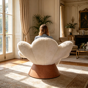 <span class=keywords><strong>Fauteuil</strong></span> pivotant de luxe moderne et durable en fausse <span class=keywords><strong>fourrure</strong></span> douce, motif pétales de fleurs blancs, idéal pour salon, chambre, appartement, salon de coiffure, hôtel - Product Image 6