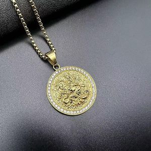 Collier pendentif Saint George Tueur de Dragons en acier inoxydable, bijoux hip-hop pour hommes, plaqué or, charme rond incrusté de diamants - Product Image 2