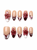 Uñas Postizas Francesas Cortas Almendradas Color Borgoña, Elegantes, Hechas a Mano, 10 Piezas, Reutilizables, con Flores 3D para Bodas y Fiestas