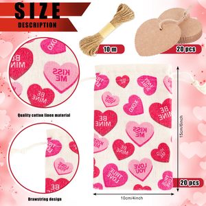 Sacs cadeaux en coton rose à cordon avec motif cœur pour la Saint-Valentin, sacs en coton avec cordon pour mariage, cadeaux de fête nuptiale, fournitures et décorations - Product Image 5