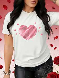 T-shirt Casual da Donna per San Valentino con Stampa Cuore a Righe, Manica Corta, Girocollo, in Cotone Traspirante, Top Primaverile Estivo - Product Image 3