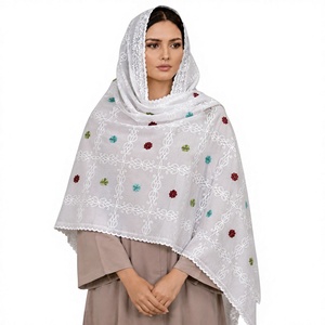 Wholesale Cotton Voile <b>Shawl</b> White Scroll Embroidered Contrast Floral Accent Breathable OEM ODM Custom - Product Image 3