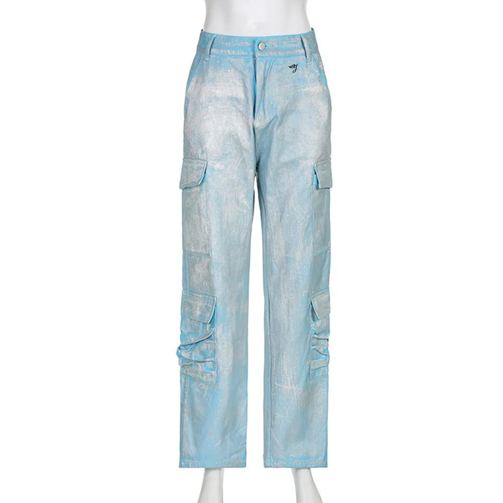 Jeans cera mujer SMO azul recubierto mujer holgado jeans de mujer pierna recta jean2024