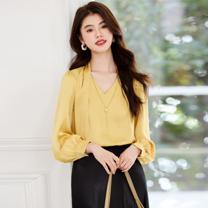 Yellow V-Neck Chiffon Shirt With Wrap Detail Office Wear Women's Blouse Long Sleeve Solid Color Polyester Top - Product Image 4