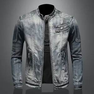 ZY 2023 Men's motorcycle denim jackets stand collar two zipper pockets zipper placket slim fit denim jacket coat mens