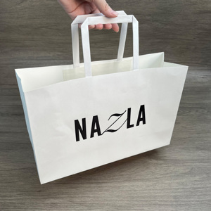 Cheap Wholesale Custom White Kraft Paper Bags with Black Logo - Flat Handle Shopping Bags for Clothes - Product Image 2