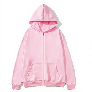 Sweat-shirt à capuche unisexe rose, fermeture éclair, coupe classique, couleur unie, décontracté, poche avant, tissu polaire, 100% coton, hip-hop, respirant - Product Image 1