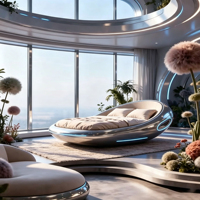 Futuristisches Pod-förmiges Fiberglas-Queensize-Bett mit Glänzender Silberner Umhüllung und LED-Streifen für Moderne Schlafzimmer