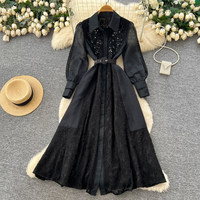 Robe longue élégante pour femmes WIWT, en dentelle verte, patchwork, coupe évasée, broderie perlée, manches longues, ceinture, robe de soirée décontractée pour femmes
